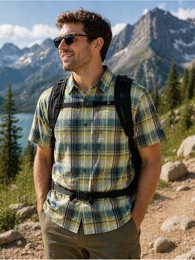 Kuhl Skorpio Linen Blend Shirt Mens Large Plaid Short Sleeve Hiking Outdoors